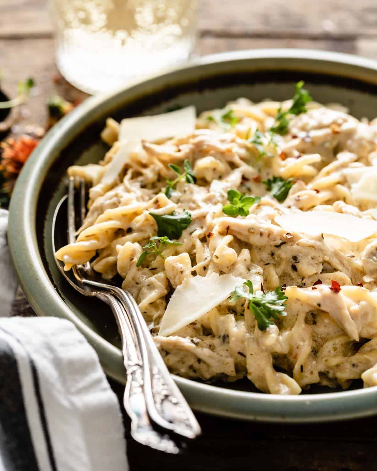 side view of crock pot pasta in bowl 