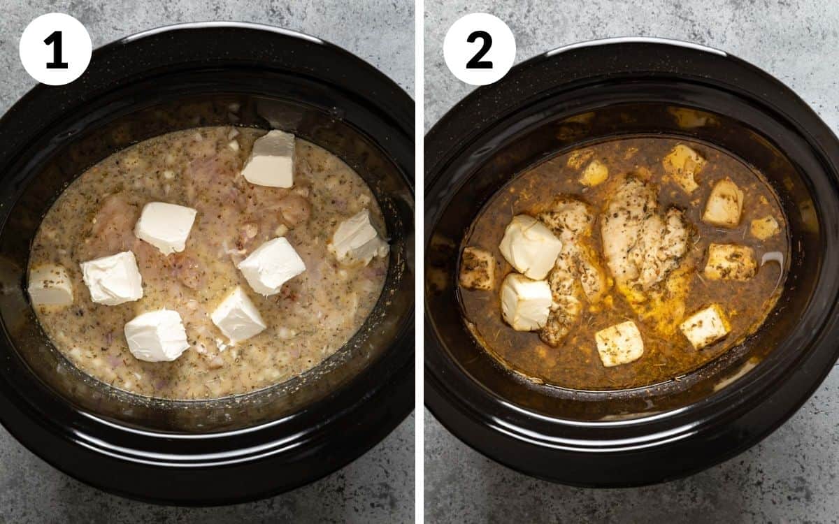 steps 1 & 2
all ingredients in crock pot before cooking
chicken un-shredded after cooking