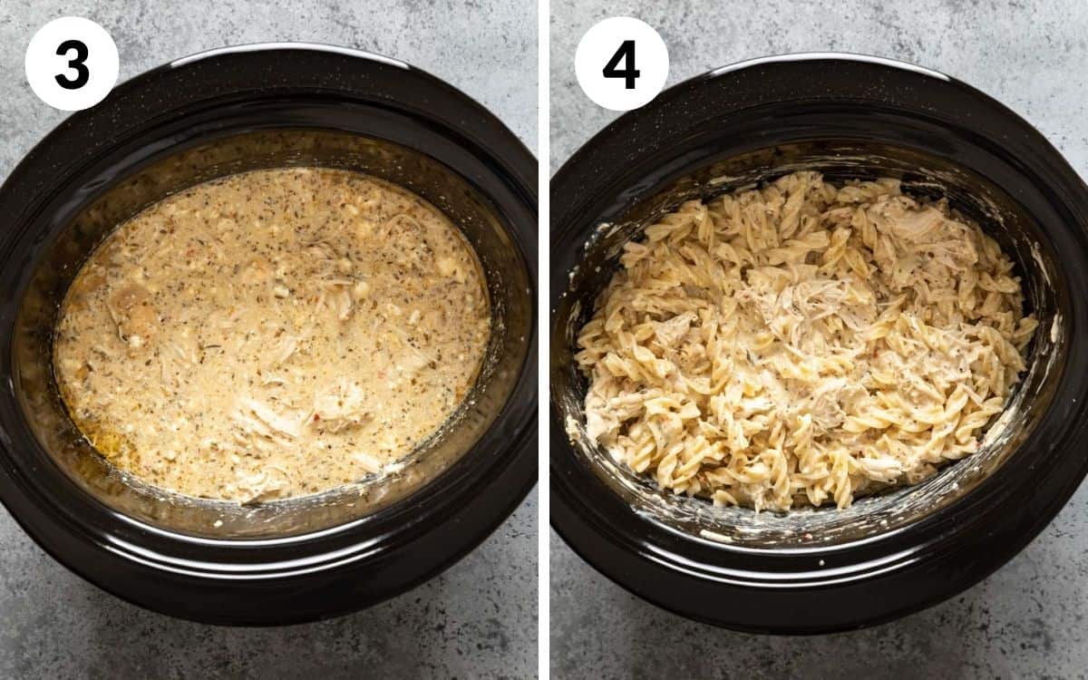 steps 3 & 4
shredded chicken in crock pot
chicken tossed with pasta