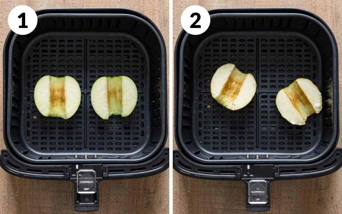 steps 1 & 2
apples in air fryer basket
half cooked apples in basket