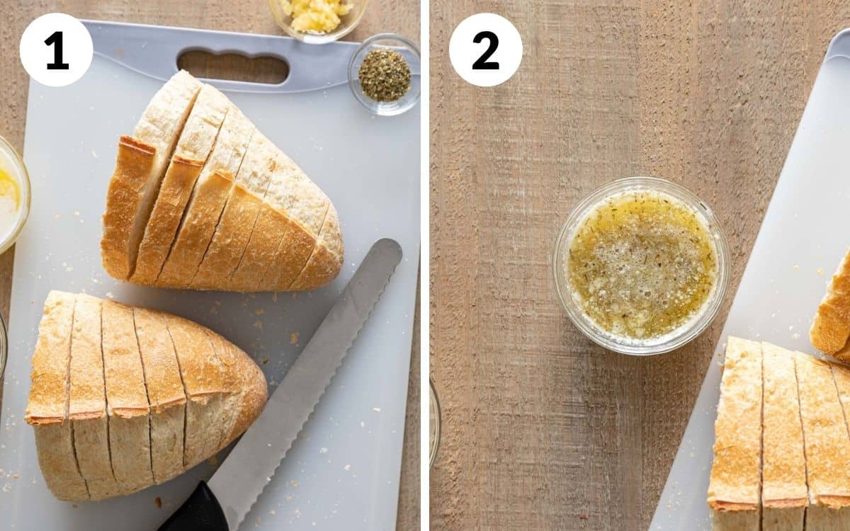 steps 1 & 2
bread with slits
garlic herb butter in bowl