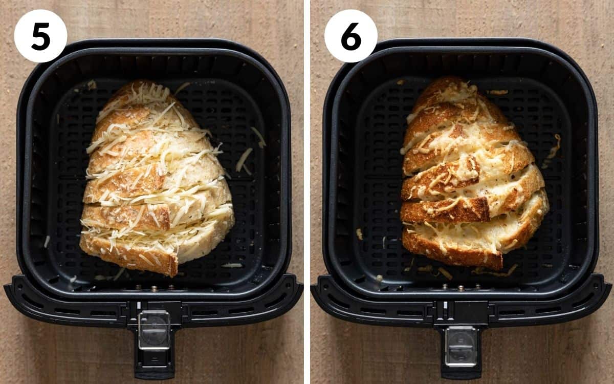 steps 5 & 6
bread in air fryer basket
finished garlic bread in air fryer basket