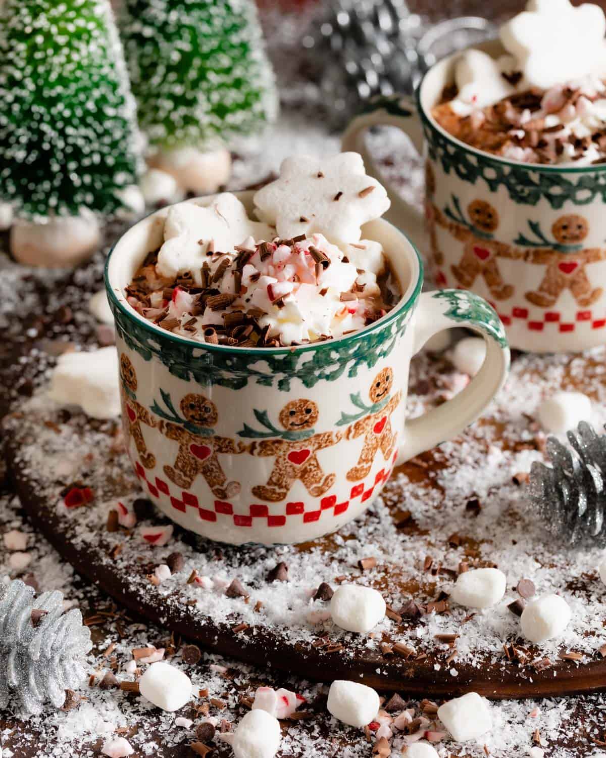 side view hot chocolate in a Christmas mug