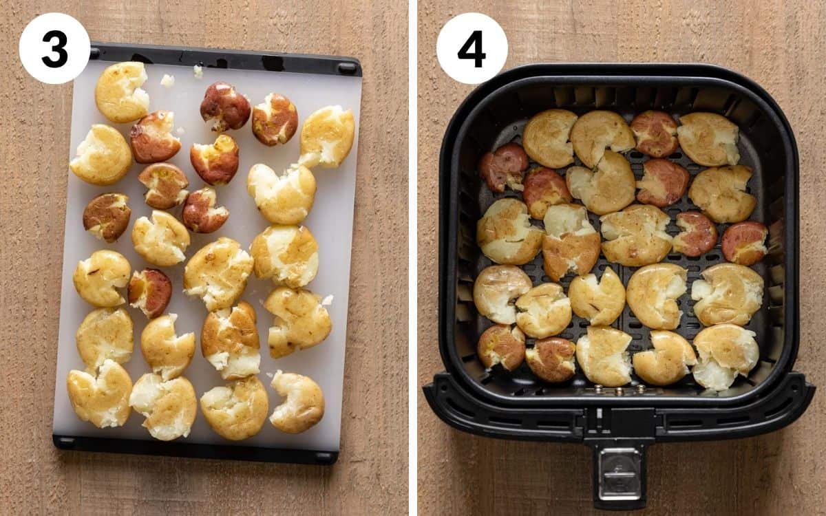 steps 3 & 4
smashed potatoes on cutting board
potatoes in air fryer basket