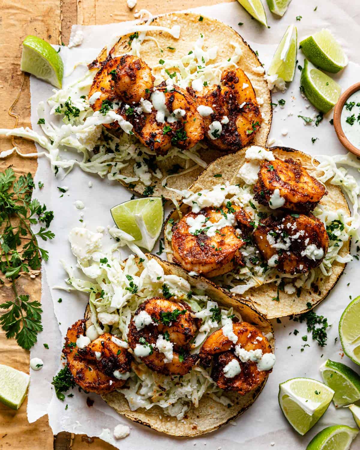 overhead of air fryer shrimp tacos