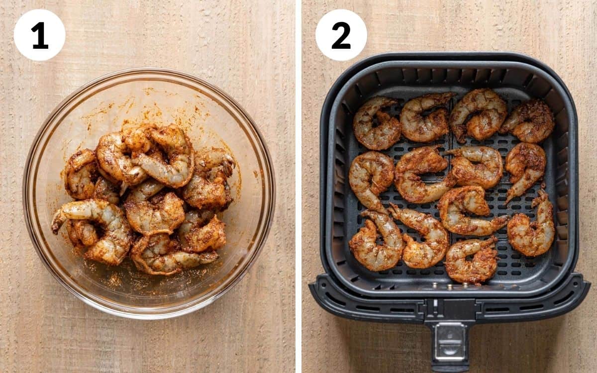 steps 1 & 2
shrimp tossed with spices in bowl
shrimp in air fryer basket