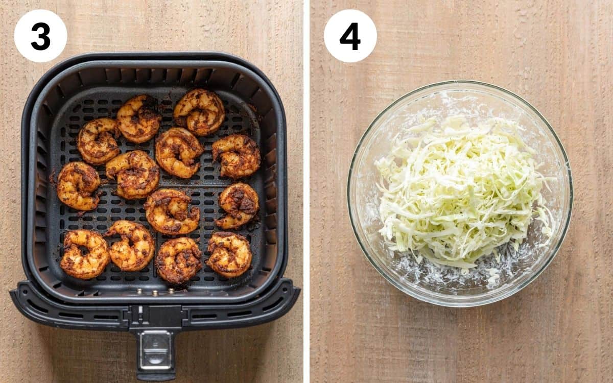 steps 3& 4
cooked shrimp in air fryer basket
cabbage tossed with jalapeno lime crema