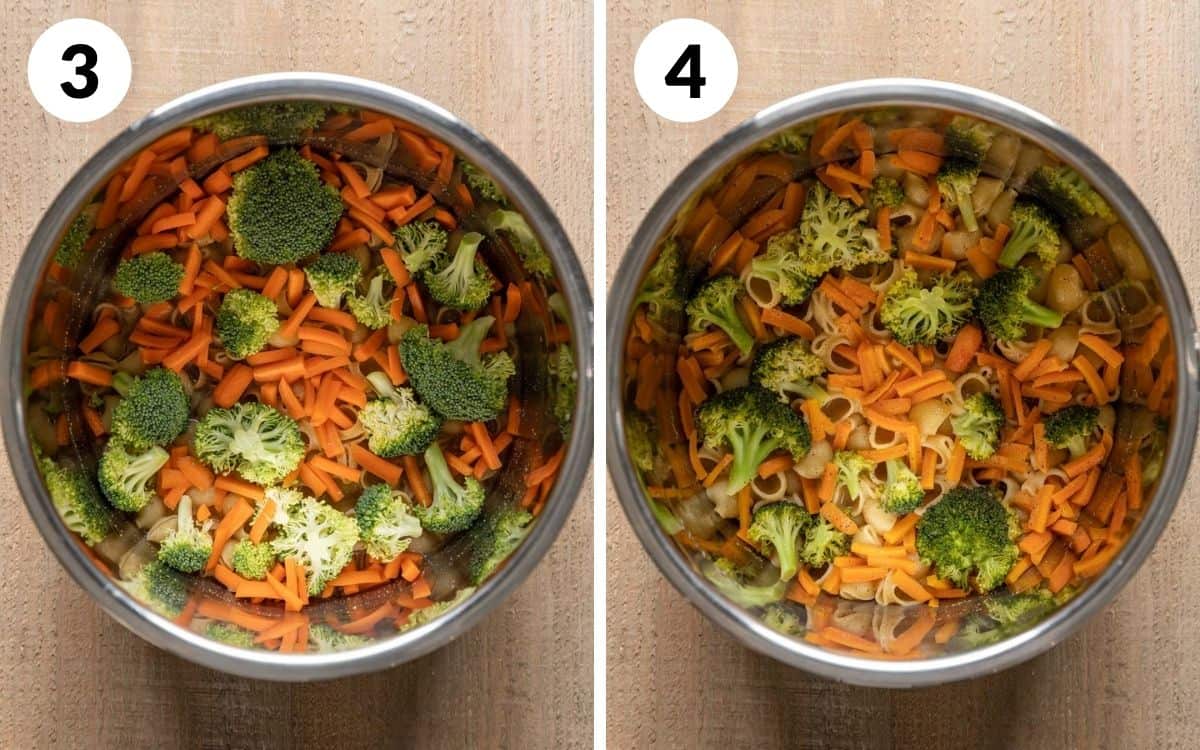 steps 3 & 4
veggies on top of pasta
pasta and veggies pressure cooked