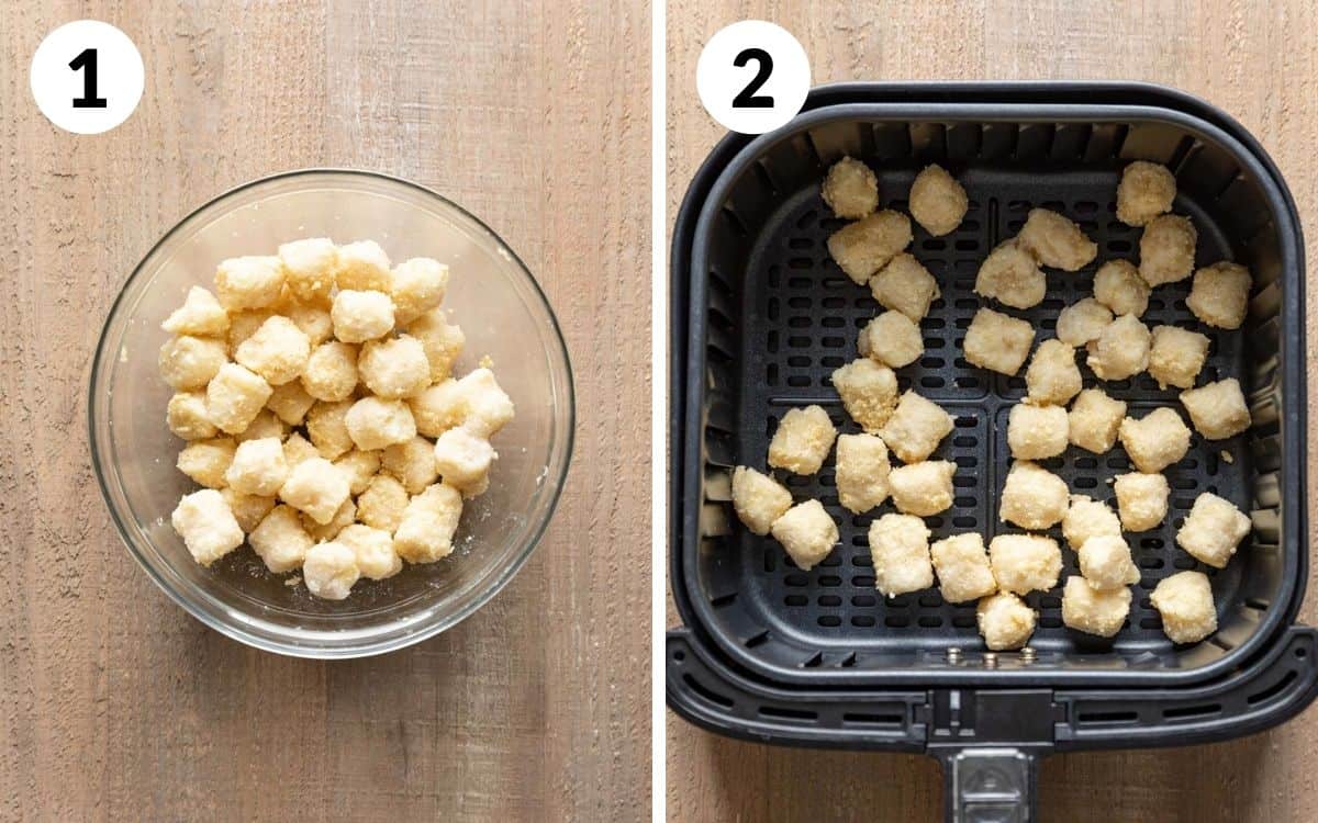 steps 1 & 2
frozen gnocchi tossed in a bowl with olive oil and parmesan
trader joes frozen cauliflower in air fryer basket 