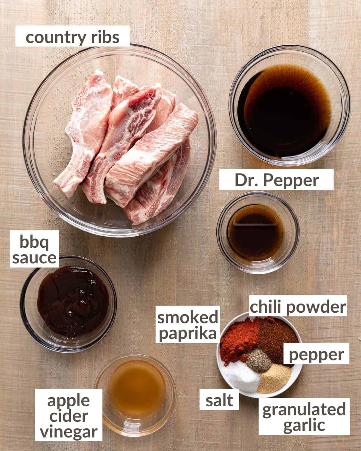 overhead of ingredients for slow cooker dr pepper ribs
