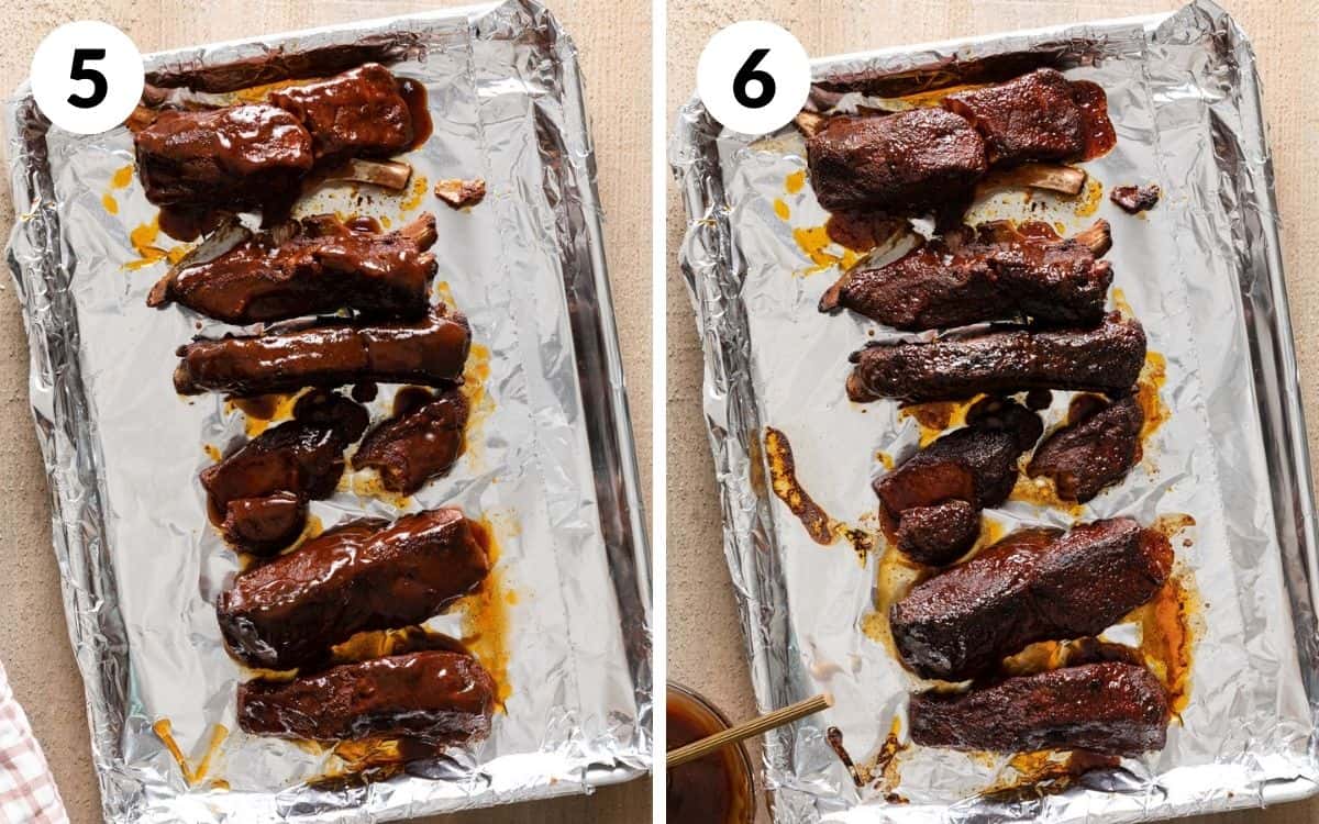 steps 5 & 6
slow cooker dr pepper ribs with sauce on top on baking sheet
ribs after broiling