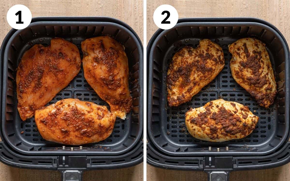 steps 1 & 2
raw frozen chicken breasts in air fryer basket 
halfway cooked chicken breasts