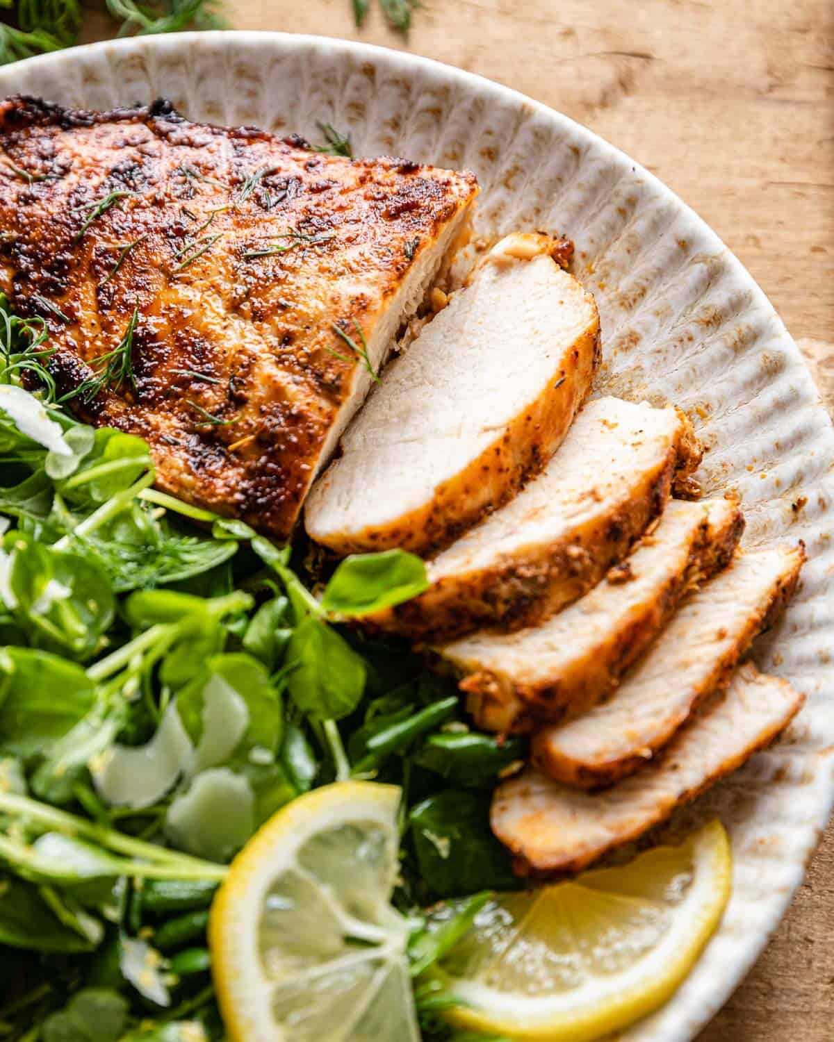 close up on sliced chicken breasts 