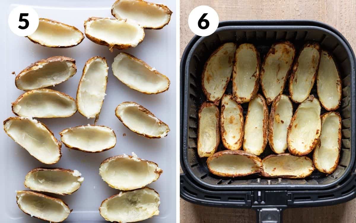 steps 5 & 6
empty potato skins on cutting board
potato skins browned in air fryer