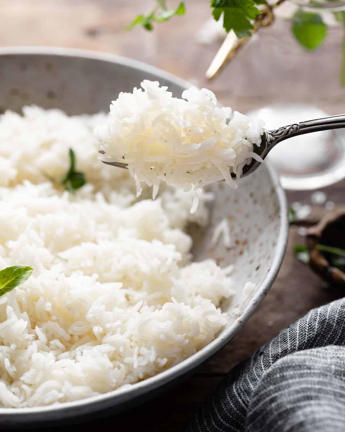 side shot of a fork full of basmati rice instant pot
