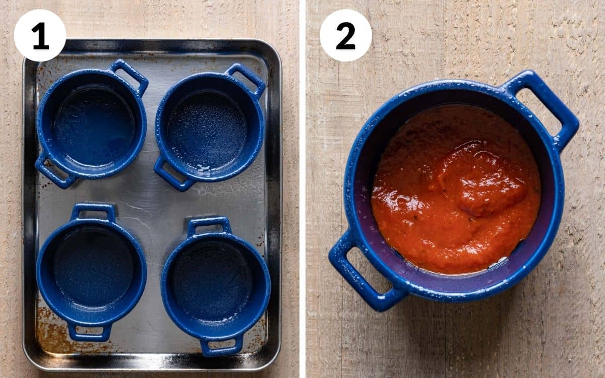 steps 1 & 2
ramekins greased for pizza bowls
sauce layered in bowl