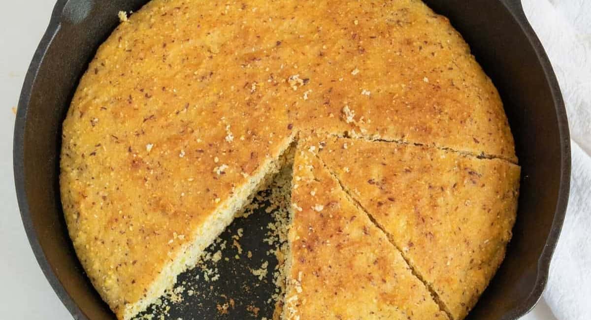 Skillet cornbread in a cast iron pan.