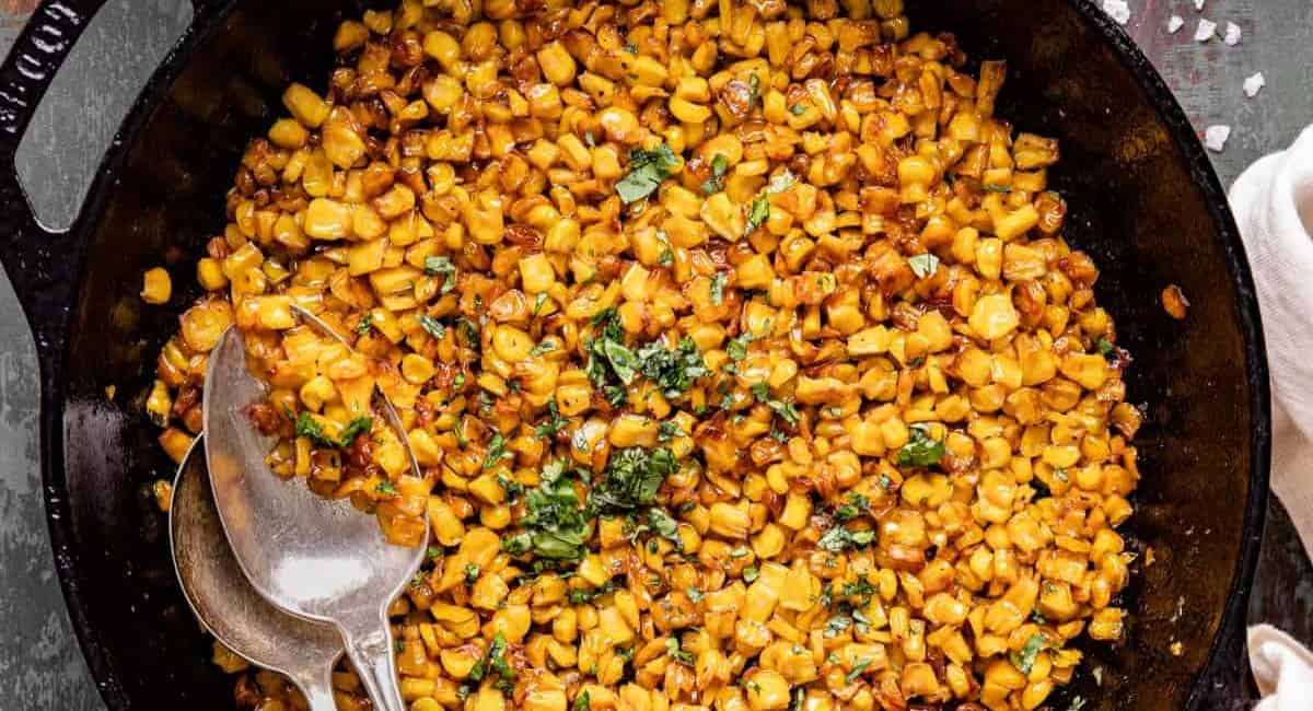 Crispy corn in cast iron pan.