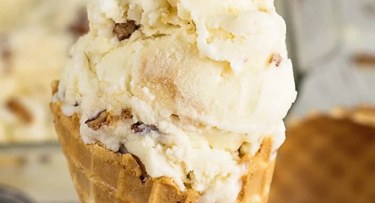 Homemade ice cream on a waffle cone.