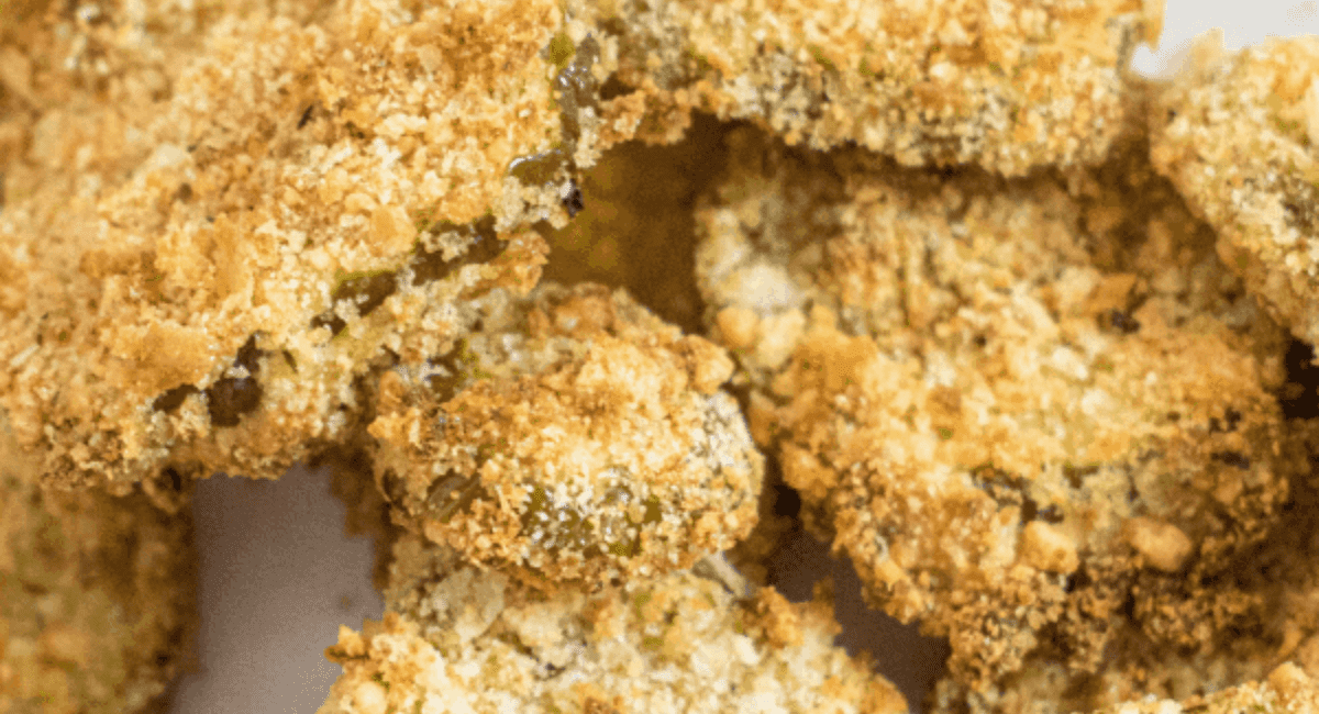 Crispy fried pickles fresh out of the air fryer.