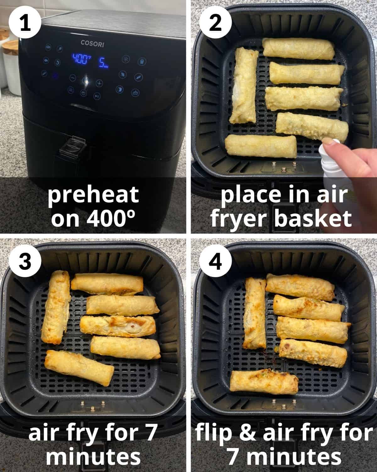 4 images. Air fryer preheating. Egg rolls in single layer. Egg rolls cooking. 