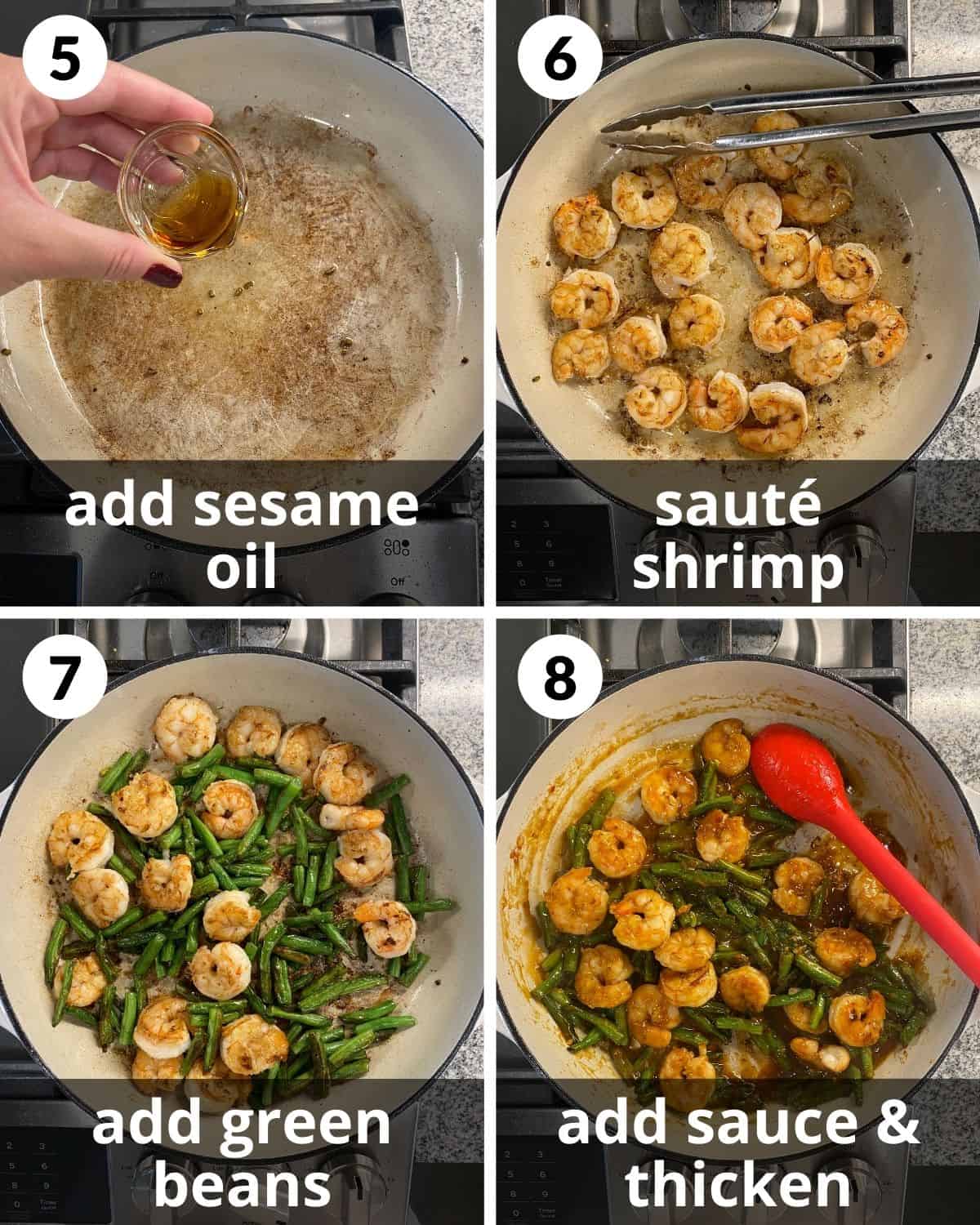 4 photos. Sesame oil being poured. Shrimp cooking. Green beans added. Sauce added. 