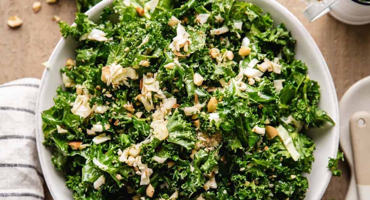 Kale crunch salad on a white plate.