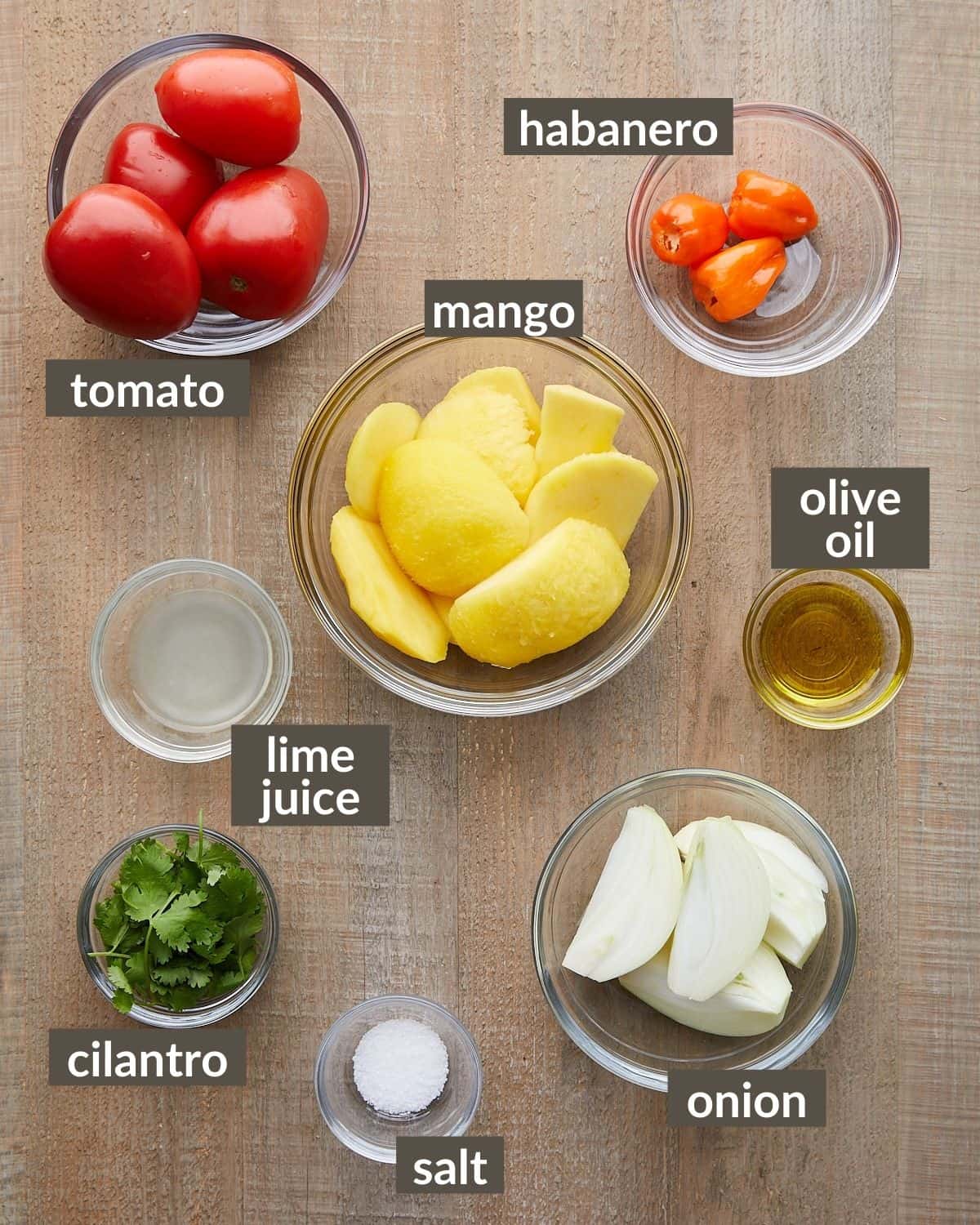 Overhead shot of ingredients needed to make mango habanero salsa.