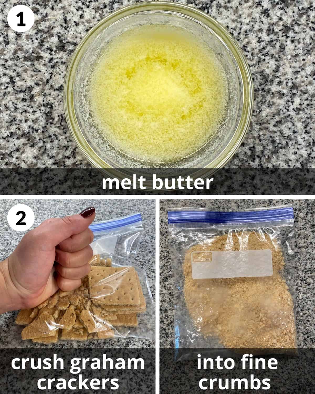 3 photos. Melted butter. Fist crushing graham crackers. Cracker crumbs in bag.