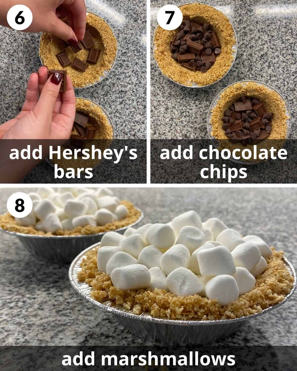 3 photos. Hershey's bars being broken. Chocolate in graham cracker crusts. Marshmallows on top.