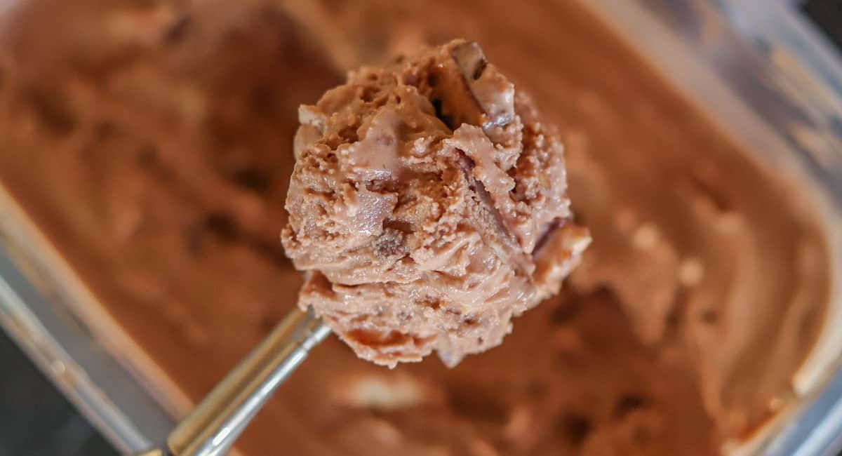 Nutella ice cream in an ice cream scoop.
