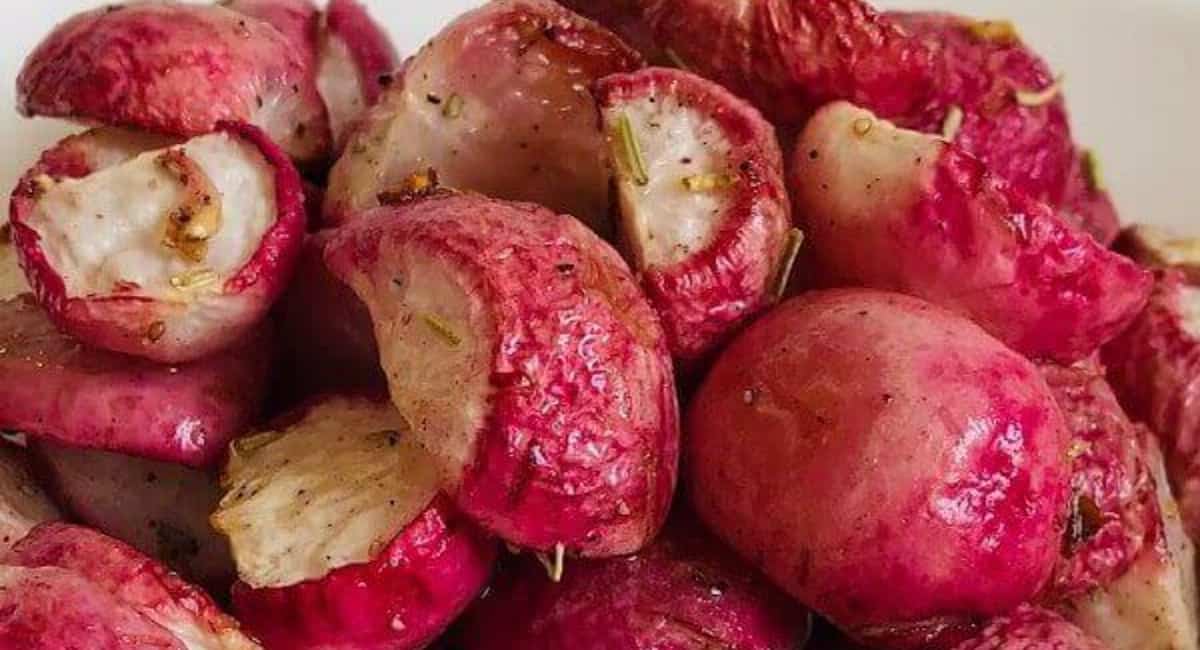 Garlic roasted radishes fresh out of the oven.