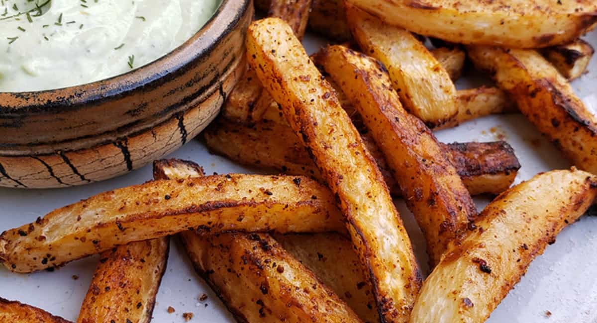 Turnip fries served as a side for meatball subs.