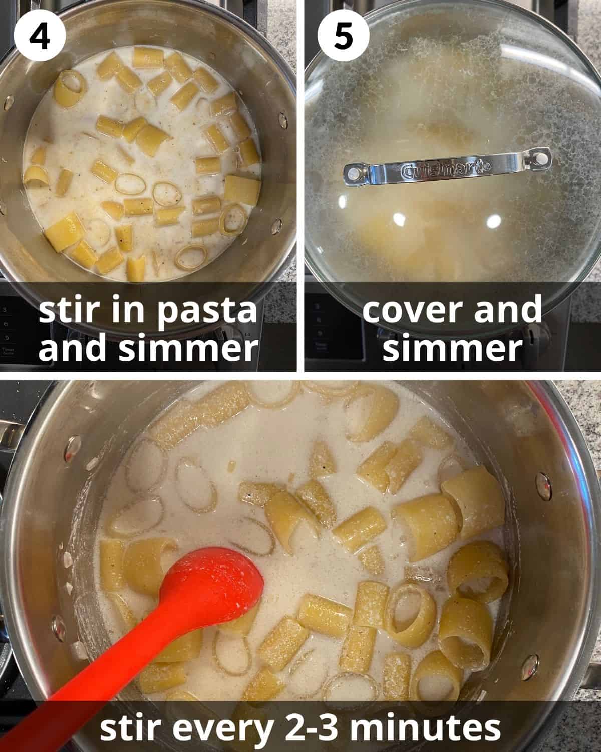 3 photos. Pasta stirred in. Pot covered. Pasta being stirred.