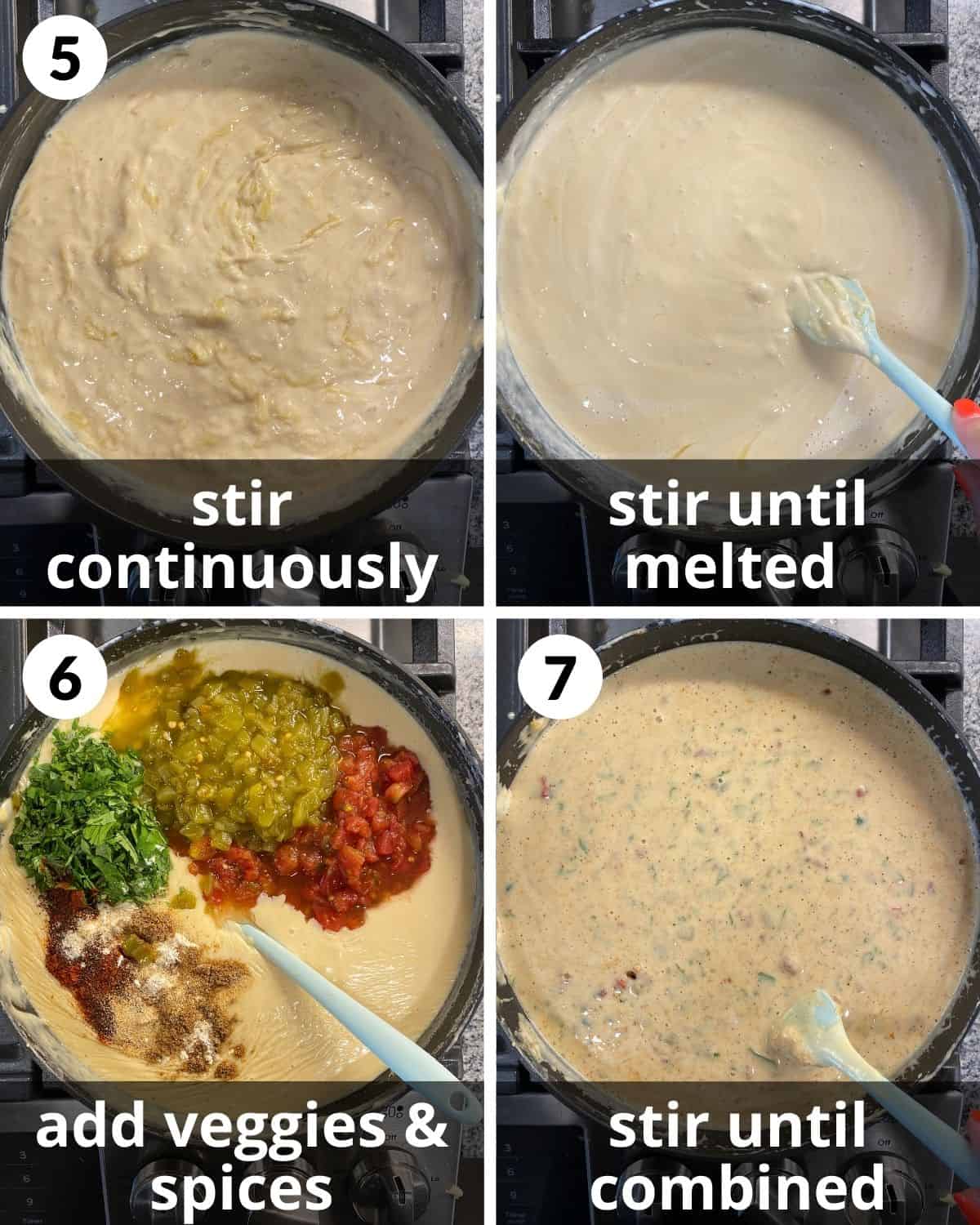 4 photos with text. Cheese almost melted. Cheese completely melted. Spices and veggies added. Mozzarella queso in skillet.