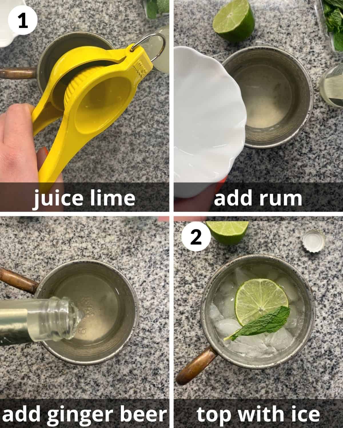 4 photos. Juicing the lime. Adding rum. Adding ginger beer. Garnishing.
