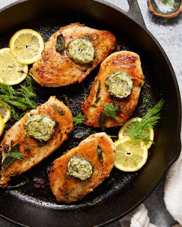 Cast Iron Skillet Chicken Breast with Garlic Herb Butter Bites with Bri