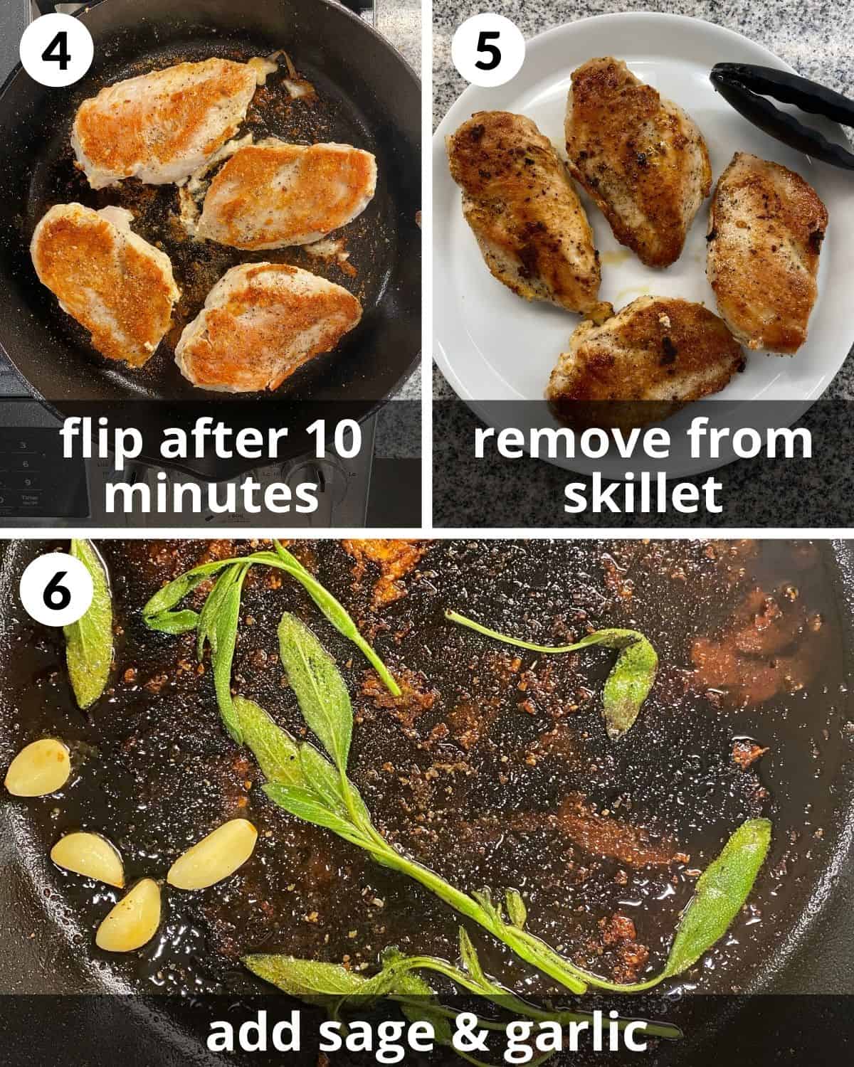 3 photos to show steps 4-6. Chicken flipped. Chicken resting. Garlic and sage frying.