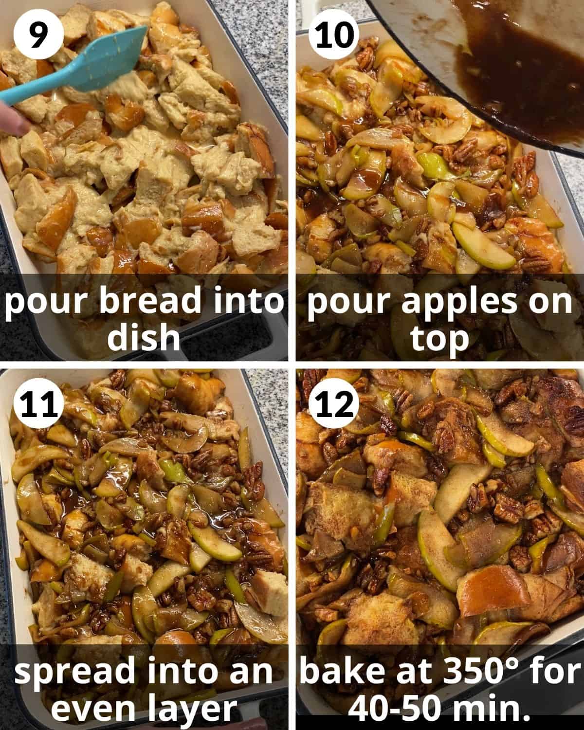 A 4 photo collage showing assembling and baking the bread pudding.