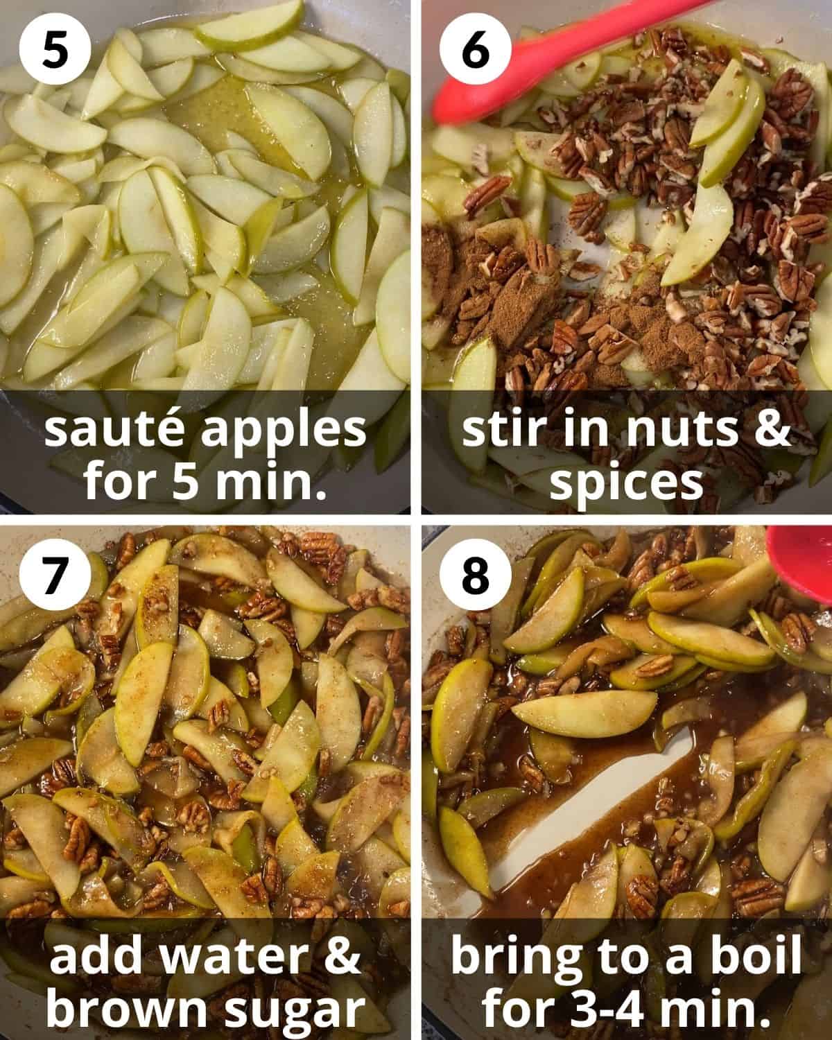 A 4 photo collage showing cooking the apples, nuts, and spices. 