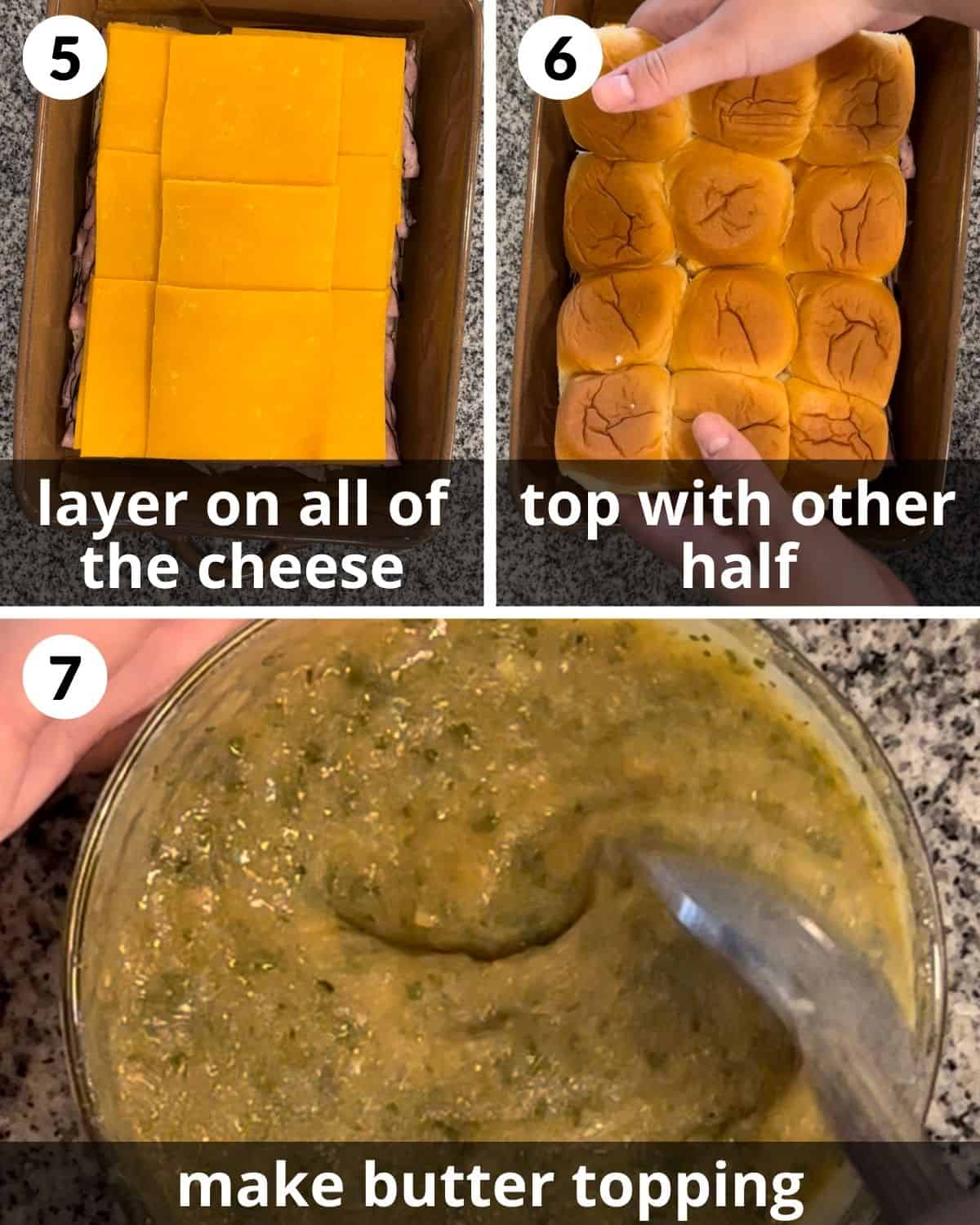 A 3 photo collage showing the cheese added and butter mixed.