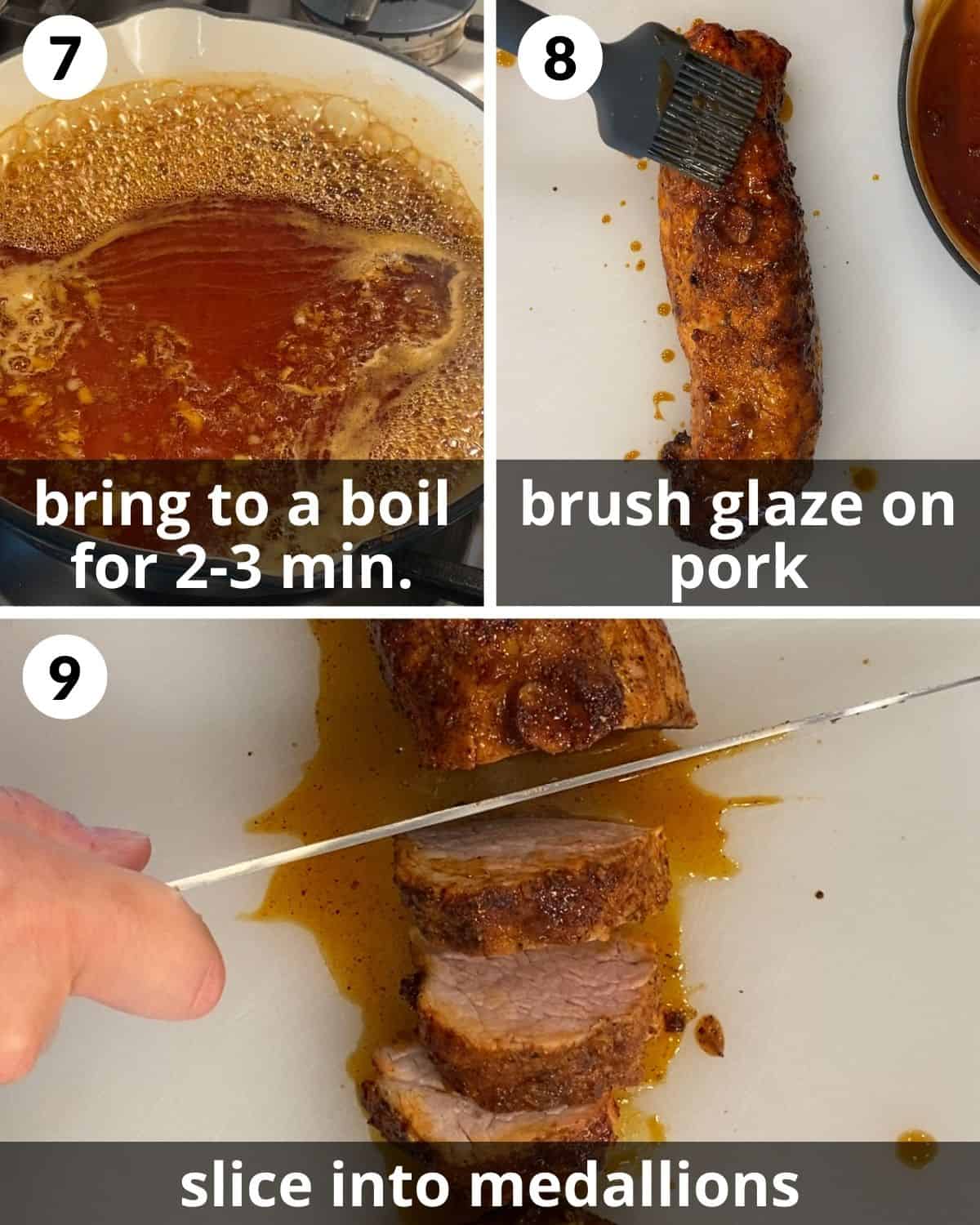 A 3 photo collage showing pork tenderloin being glazed.