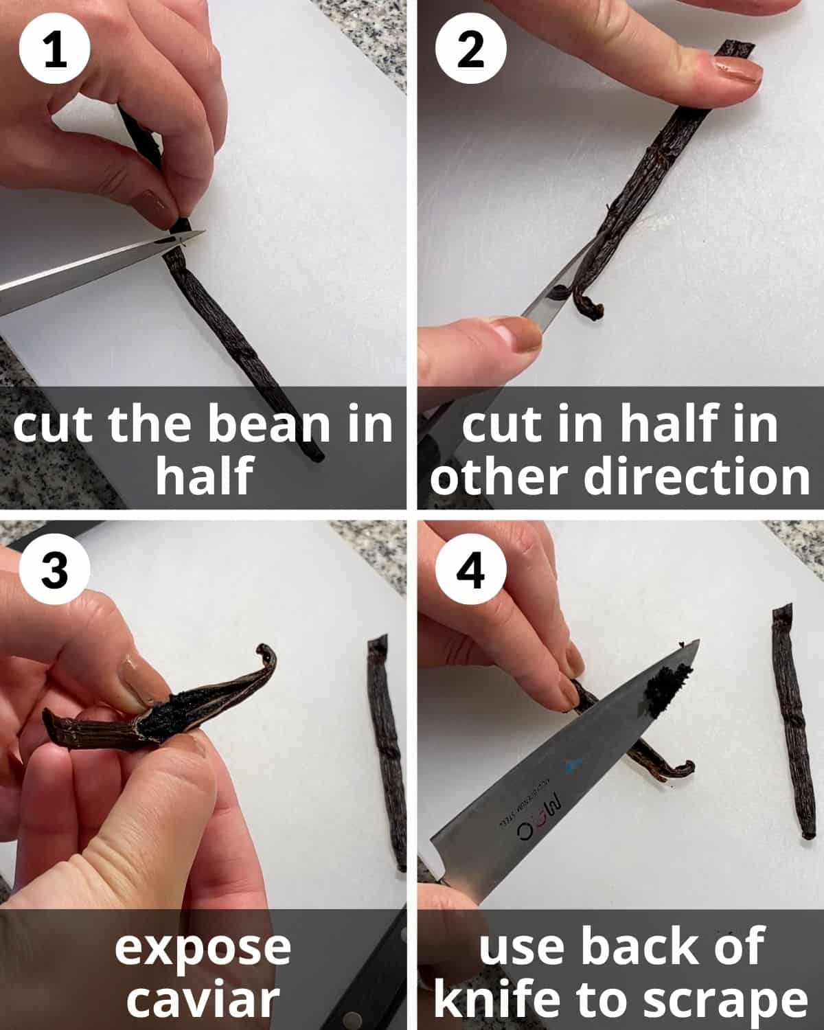 4 photo collage showing how to break down a vanilla bean.