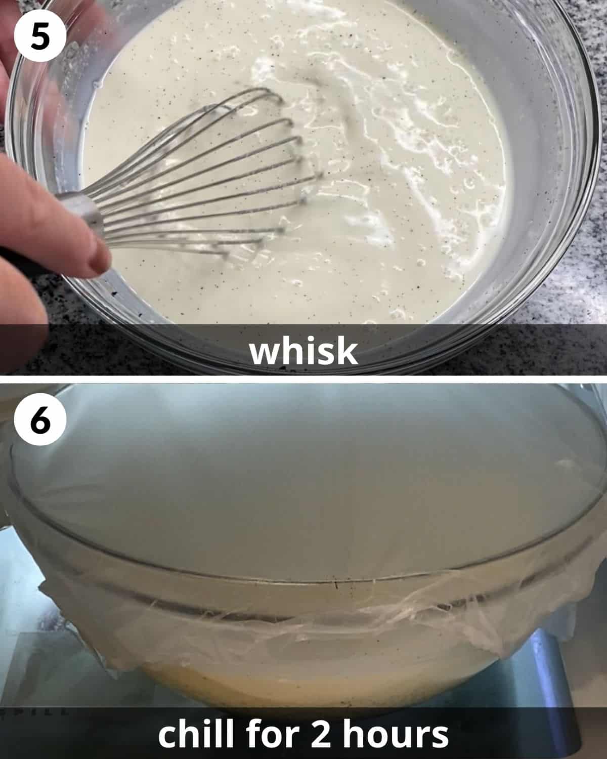 A 2 photo collage showing how to whisk the cream mixture. 