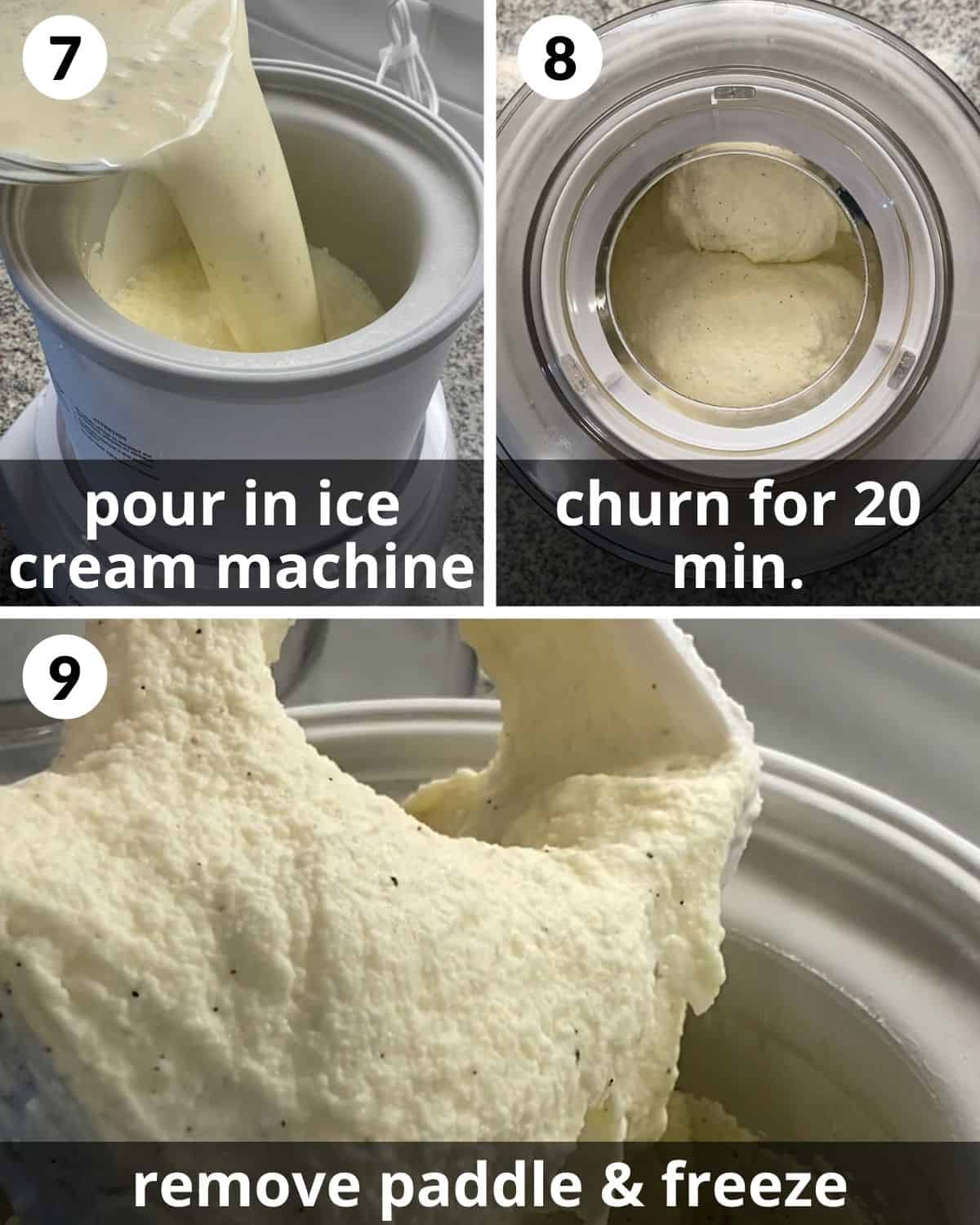 A 3 photo collage showing how to churn ice cream in an ice cream maker. 