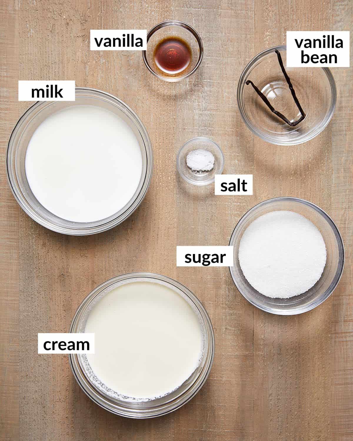 Ingredients needed to make no egg vanilla ice cream in glass bowls.