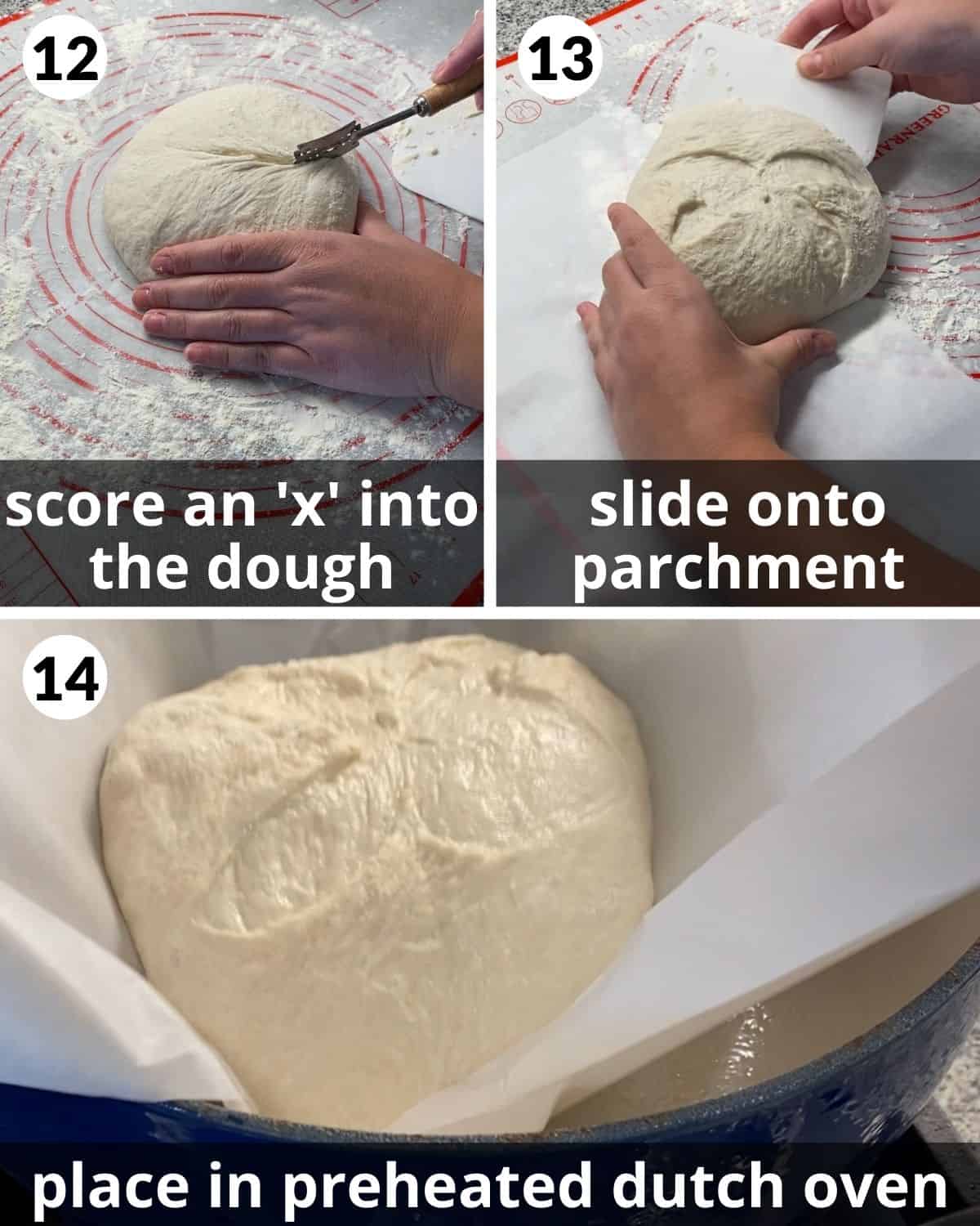 3 photo collage showing dough being scored and place in dutch oven.