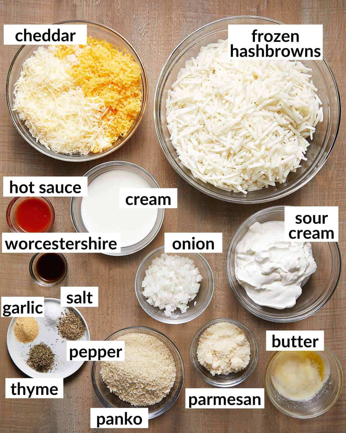 Overhead image of ingredients needed for hashbrown casserole without soup. 
