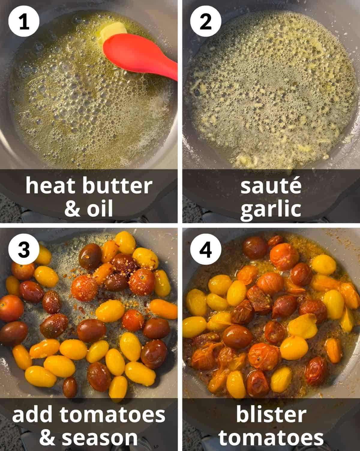 A 4 photo collage showing sauteeing the garlic and blistering the tomatoes.