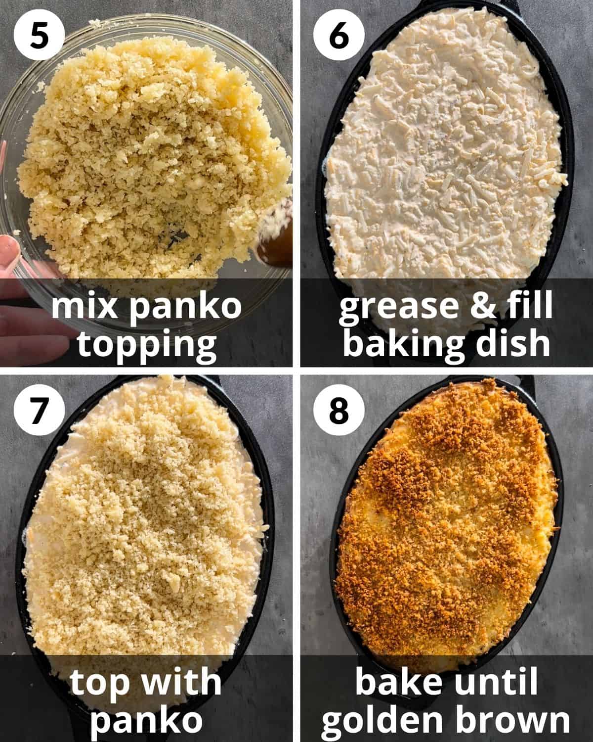 A 4 photo collage showing the final steps of hashbrown casserole without soup. 